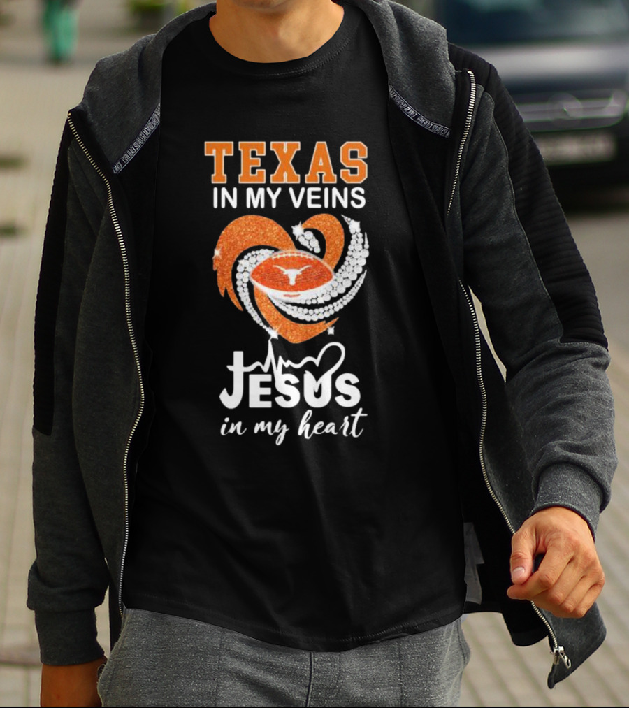 Texas In My Veins Jesus In My Heart Football Diamond T-Shirt