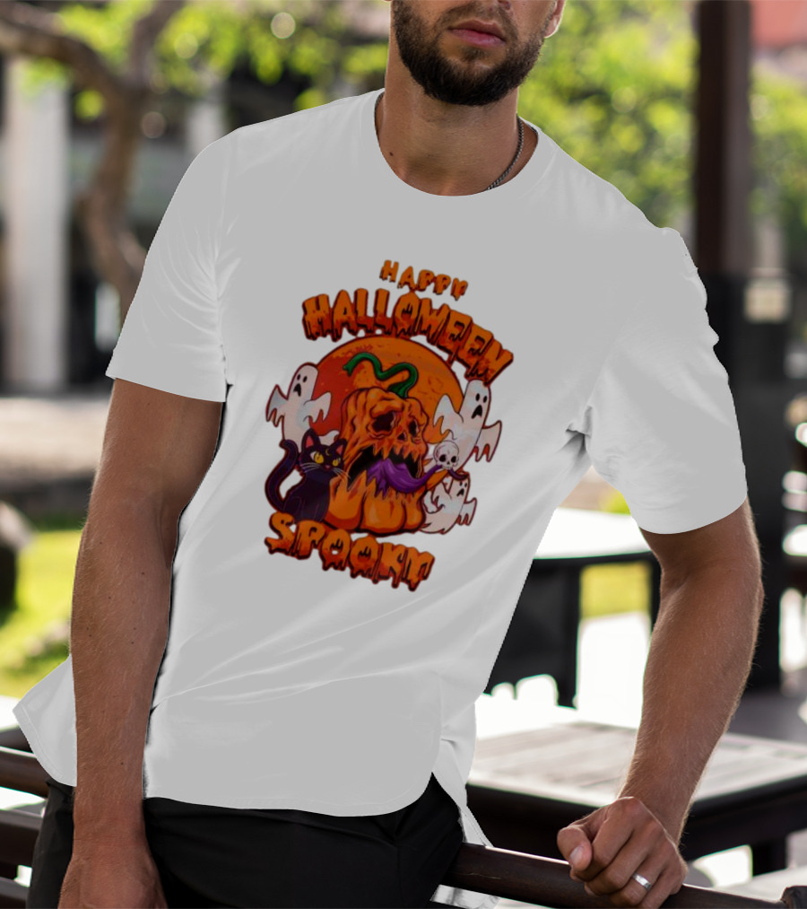 Happy Halloween Spooky Horror Pumpkin Ghosts Black Cat T-Shirt