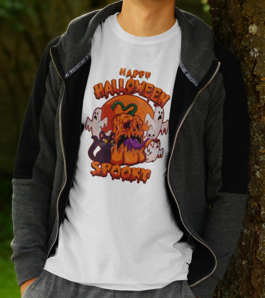 Happy Halloween Spooky Horror Pumpkin Ghosts Black Cat T-Shirt