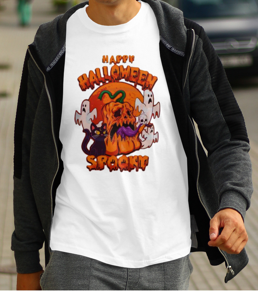 Happy Halloween Spooky Horror Pumpkin Ghosts Black Cat T-Shirt
