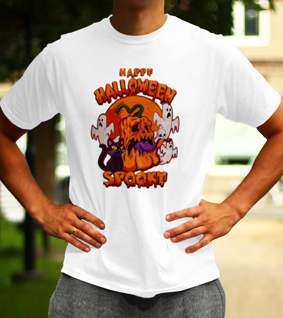 Happy Halloween Spooky Horror Pumpkin Ghosts Black Cat T-Shirt