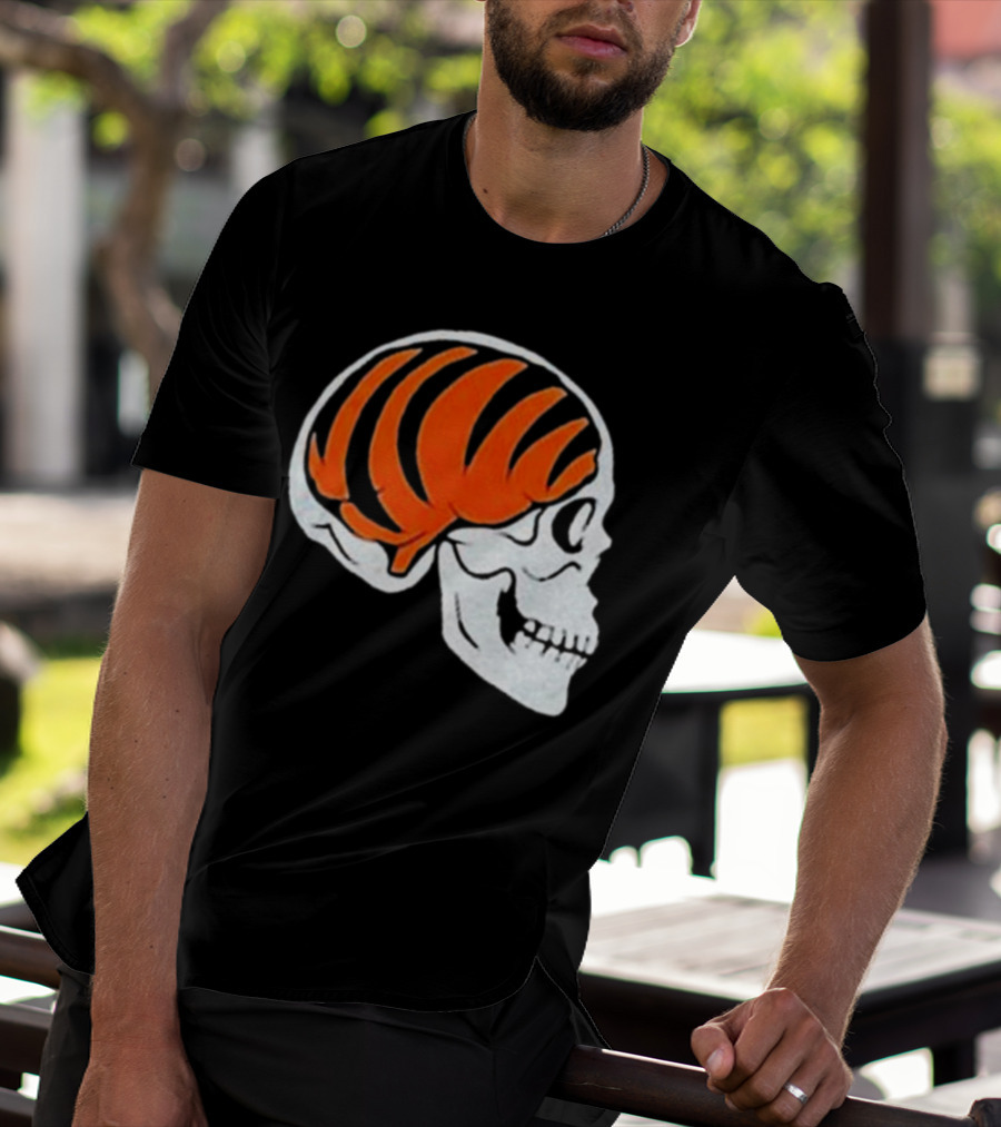 Goodberry Bengals Brain Skull With Orange Tiger Stripes T-Shirt