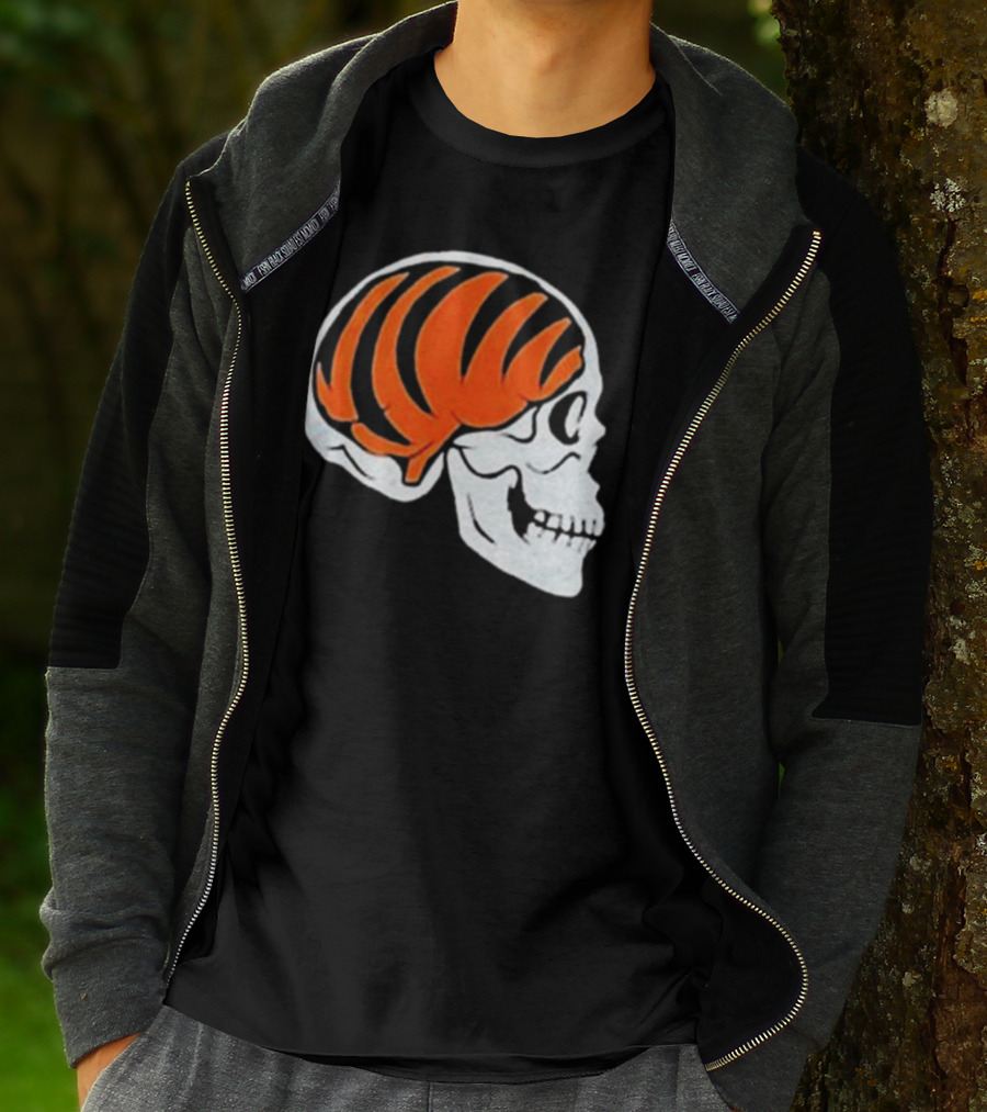 Goodberry Bengals Brain Skull With Orange Tiger Stripes T-Shirt