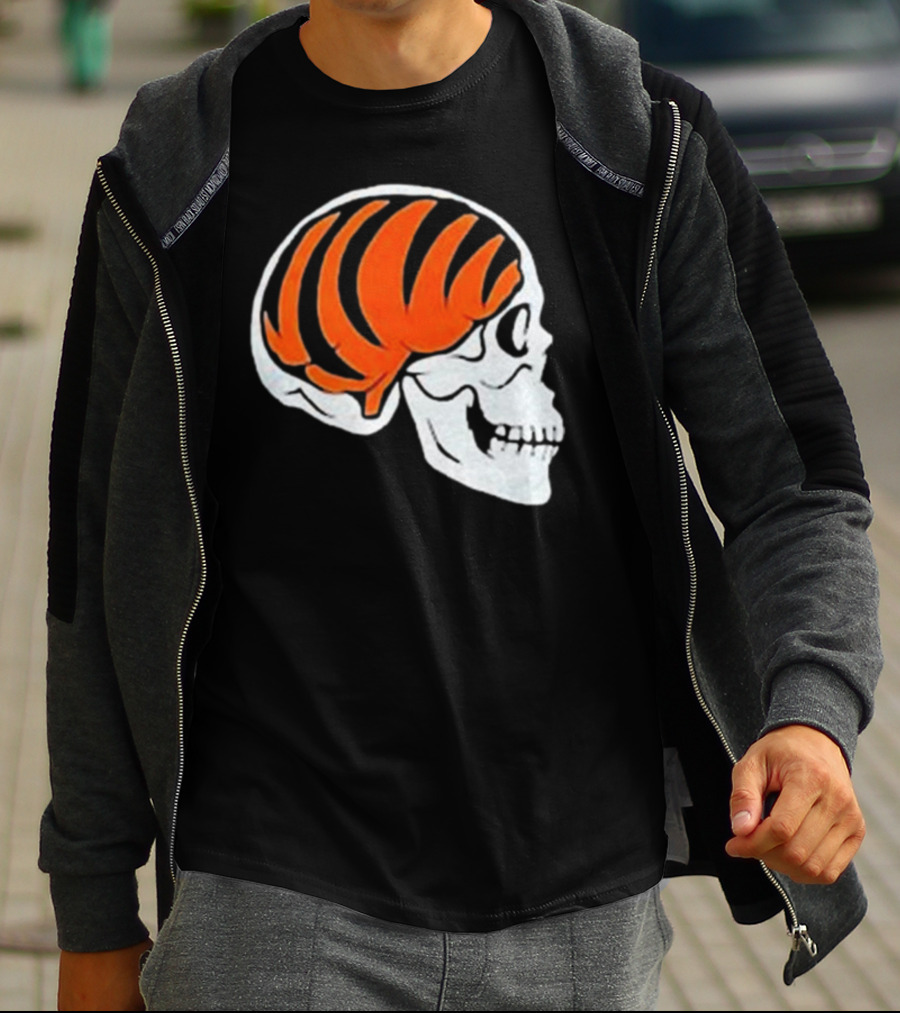 Goodberry Bengals Brain Skull With Orange Tiger Stripes T-Shirt