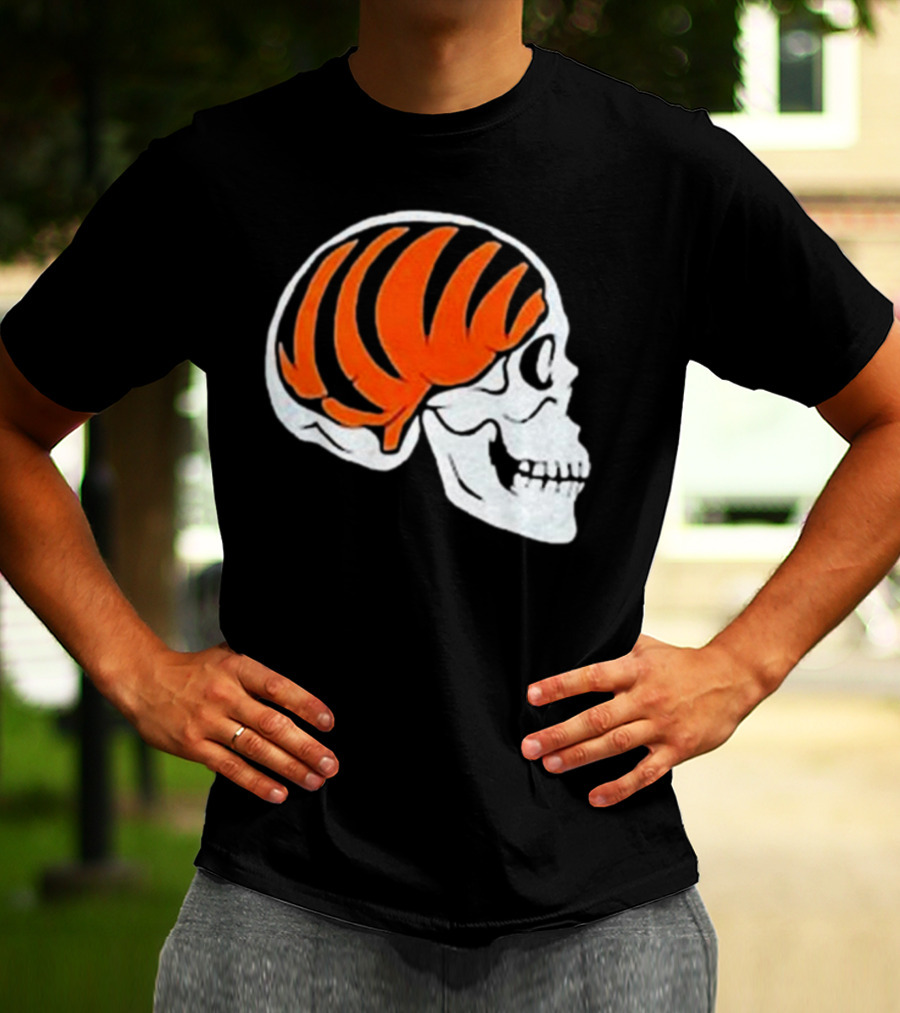 Goodberry Bengals Brain Skull With Orange Tiger Stripes T-Shirt