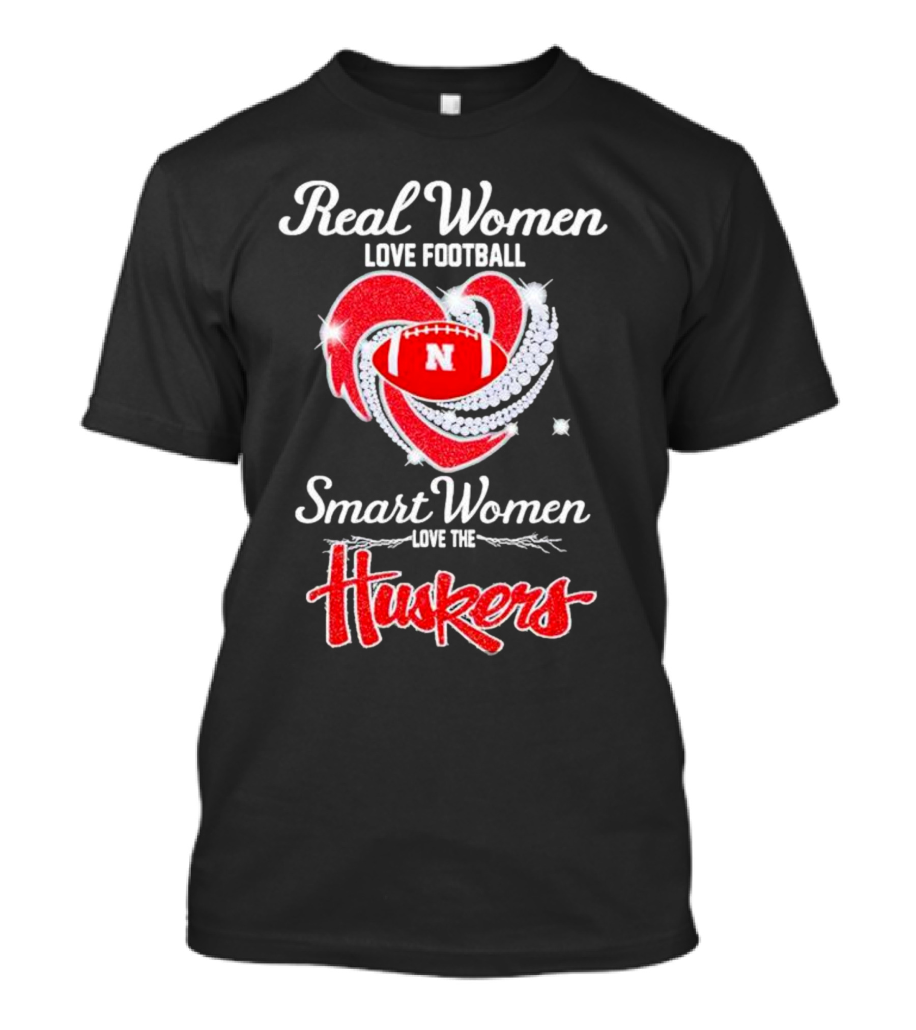 Real Women Love Football Smart Women Love The Huskers Diamond Heart Nebraska Cornhuskers T-Shirt