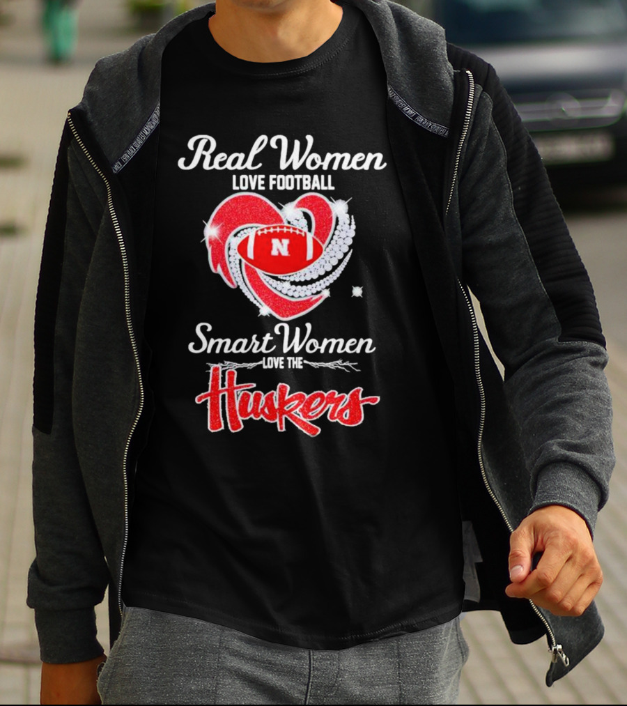 Real Women Love Football Smart Women Love The Huskers Diamond Heart Nebraska Cornhuskers T-Shirt