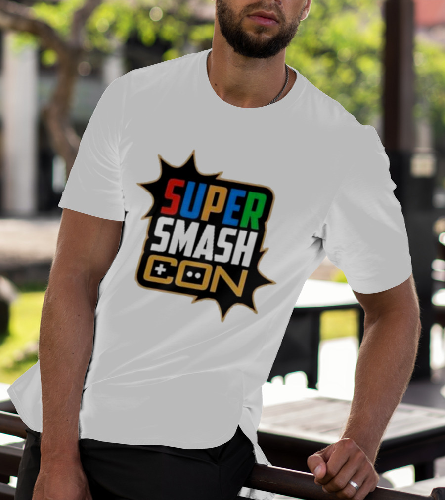 Super Smash Con Logo With Game Controller Icon Colors Burst T-Shirt