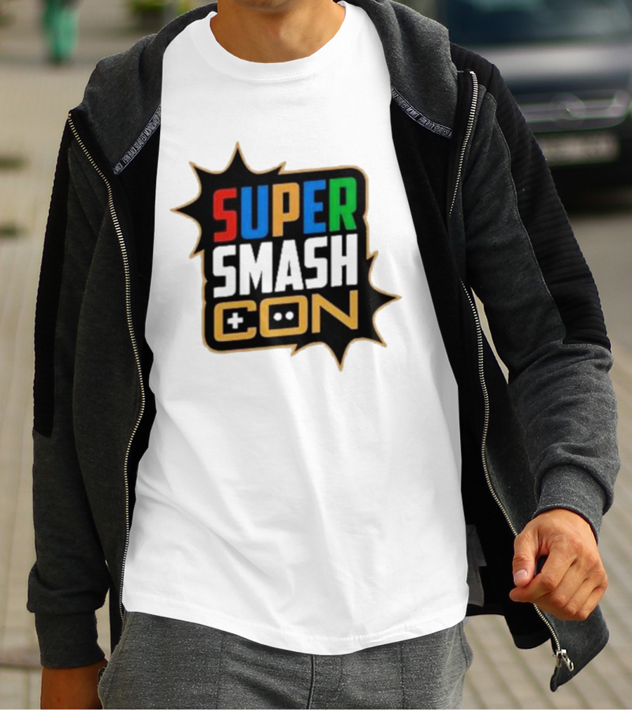 Super Smash Con Logo With Game Controller Icon Colors Burst T-Shirt