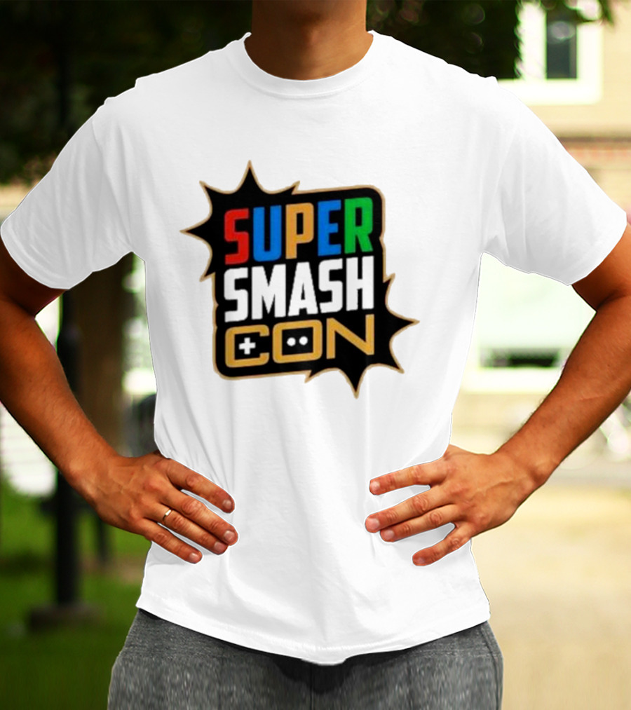 Super Smash Con Logo With Game Controller Icon Colors Burst T-Shirt
