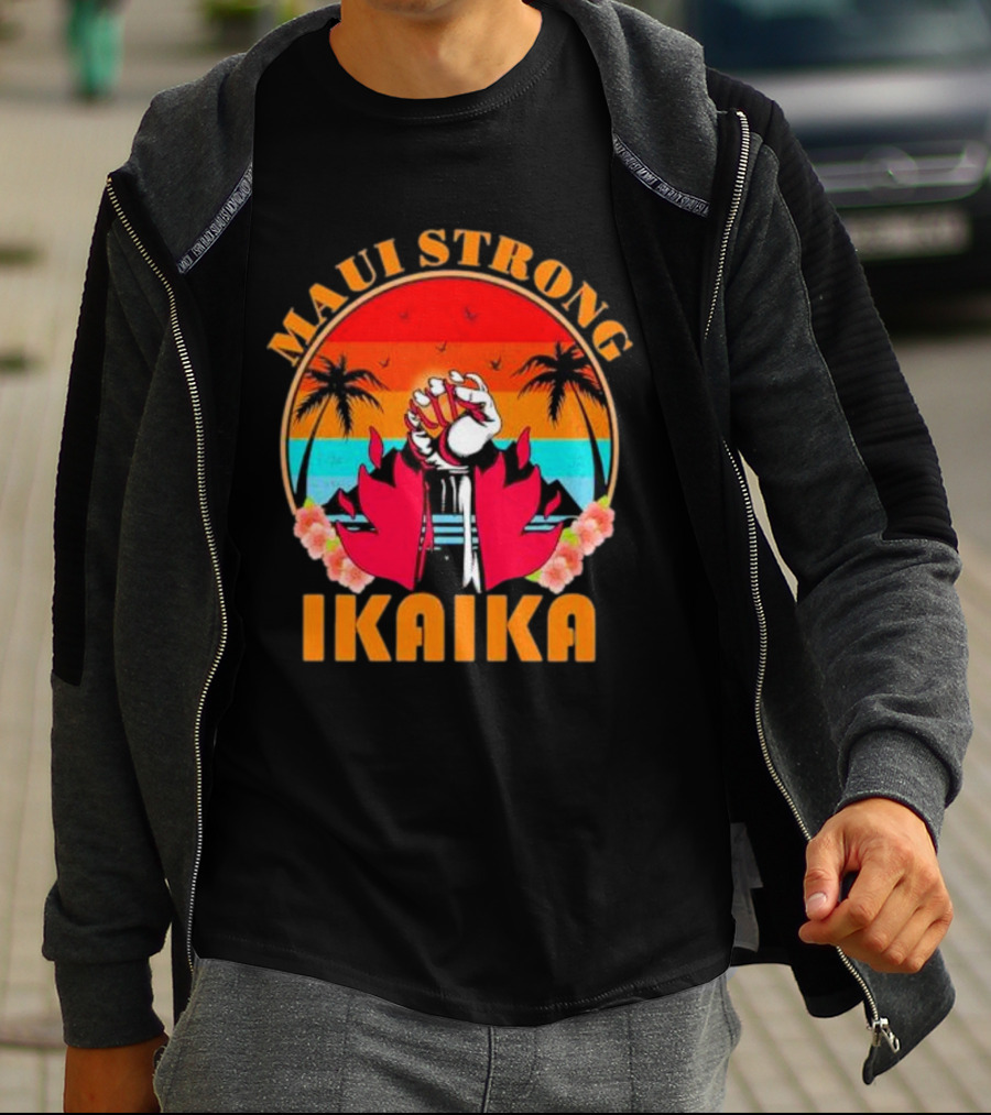 Maui Strong Ikaika Fist Palm Trees Sunset Scene T-Shirt