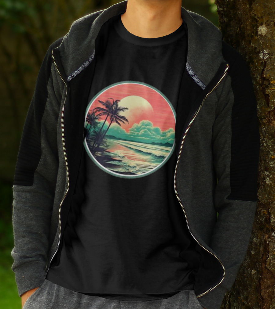 Tropical Ocean Moonscape Palms Waves Sunset Sky T-Shirt