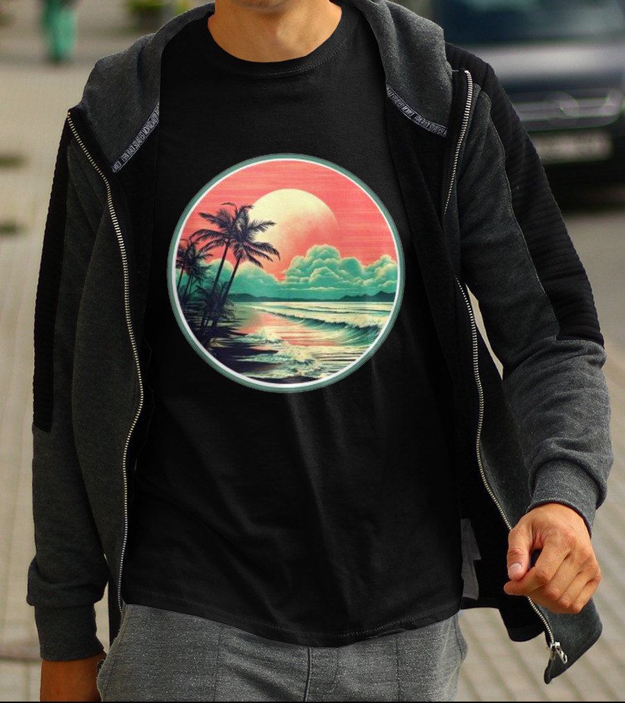 Tropical Ocean Moonscape Palms Waves Sunset Sky T-Shirt