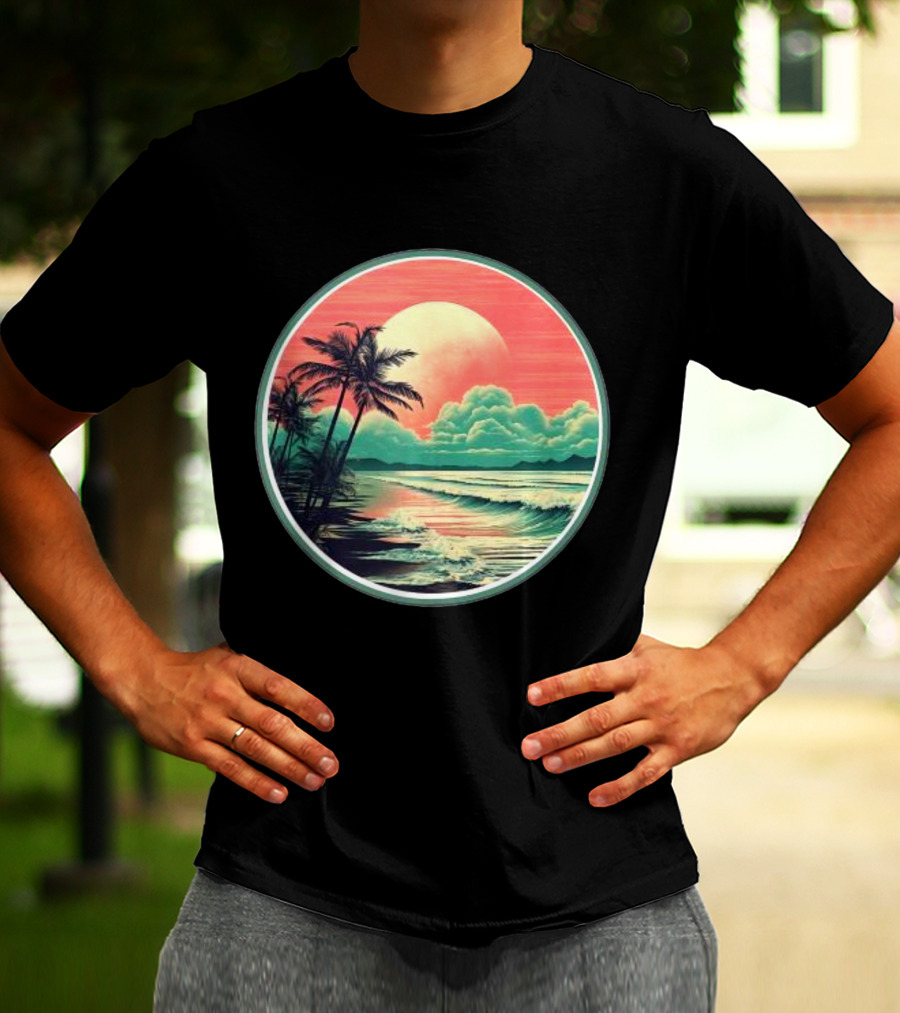 Tropical Ocean Moonscape Palms Waves Sunset Sky T-Shirt