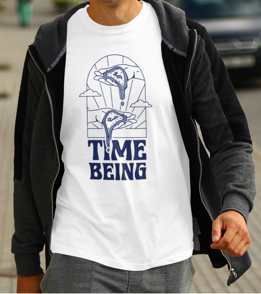 Time Being Dripping Clocks In Hands With Clouds T-Shirt