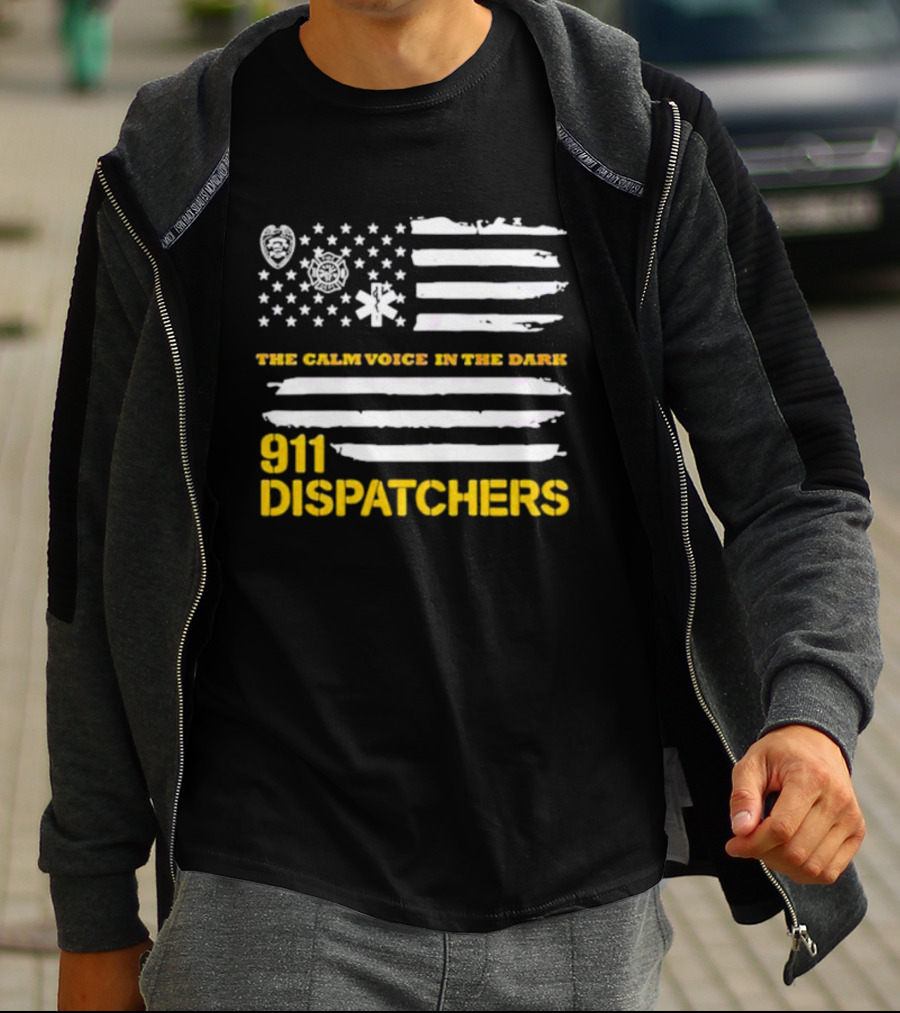 911 Dispatchers The Calm Voice In The Dark With Emergency Symbols And Distressed American Flag T-Shirt