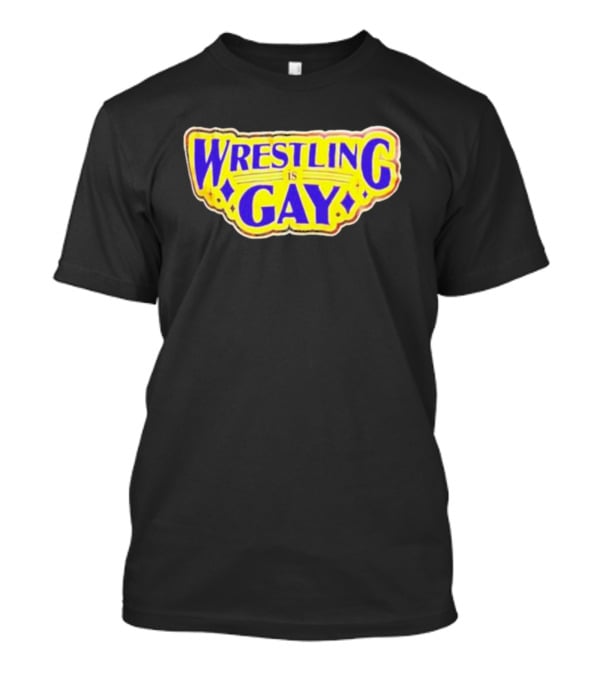 Wrestling Is Gay Emblem Bold Yellow And Purple Text T-Shirt