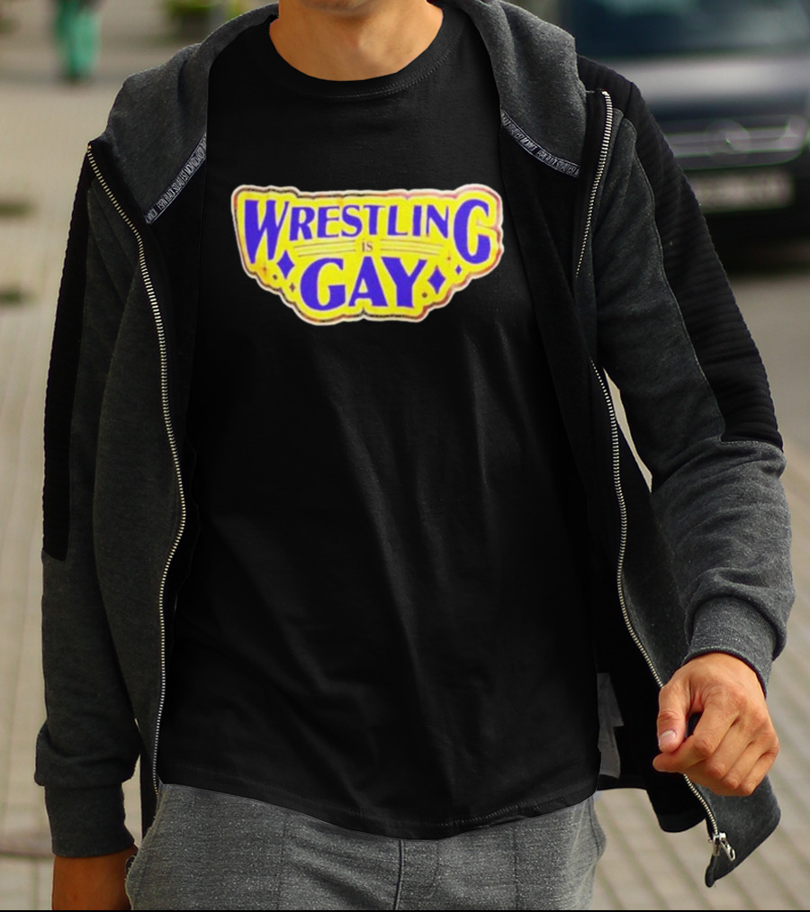 Wrestling Is Gay Emblem Bold Yellow And Purple Text T-Shirt