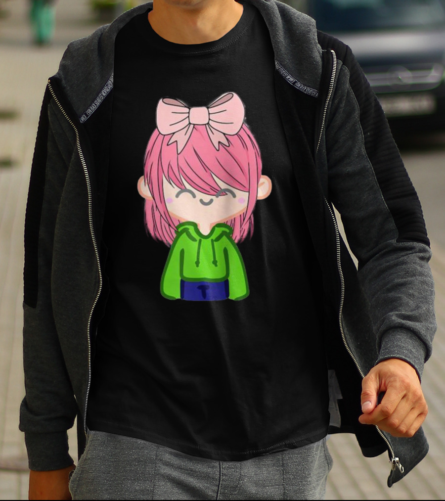 Alli Cat Pink Hair Girl Green Hoodie Bow Raglan Baseball T-Shirt