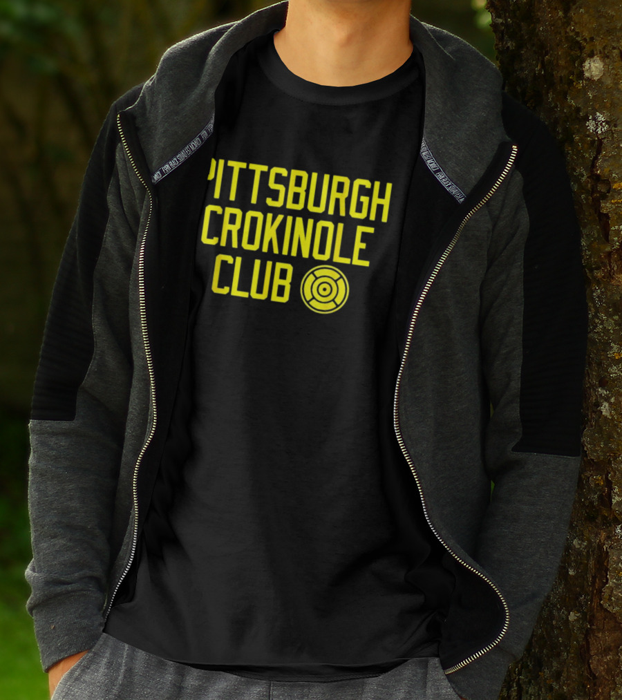 Pittsburgh Crokinole Club Yellow Text With Crokinole Disc T-Shirt