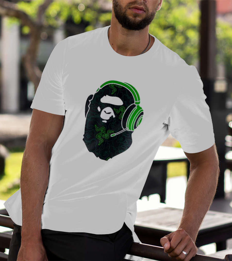 Bape X Razer Neon Camo Ape Head With Green Gaming Headset T-Shirt