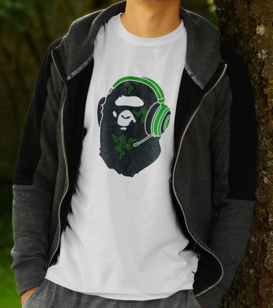 Bape X Razer Neon Camo Ape Head With Green Gaming Headset T-Shirt
