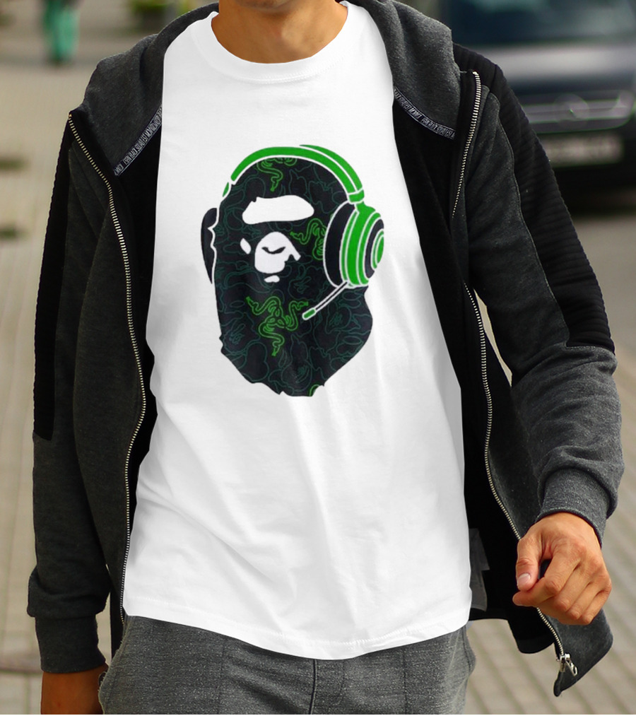 Bape X Razer Neon Camo Ape Head With Green Gaming Headset T-Shirt
