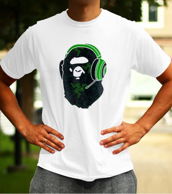 Bape X Razer Neon Camo Ape Head With Green Gaming Headset T-Shirt