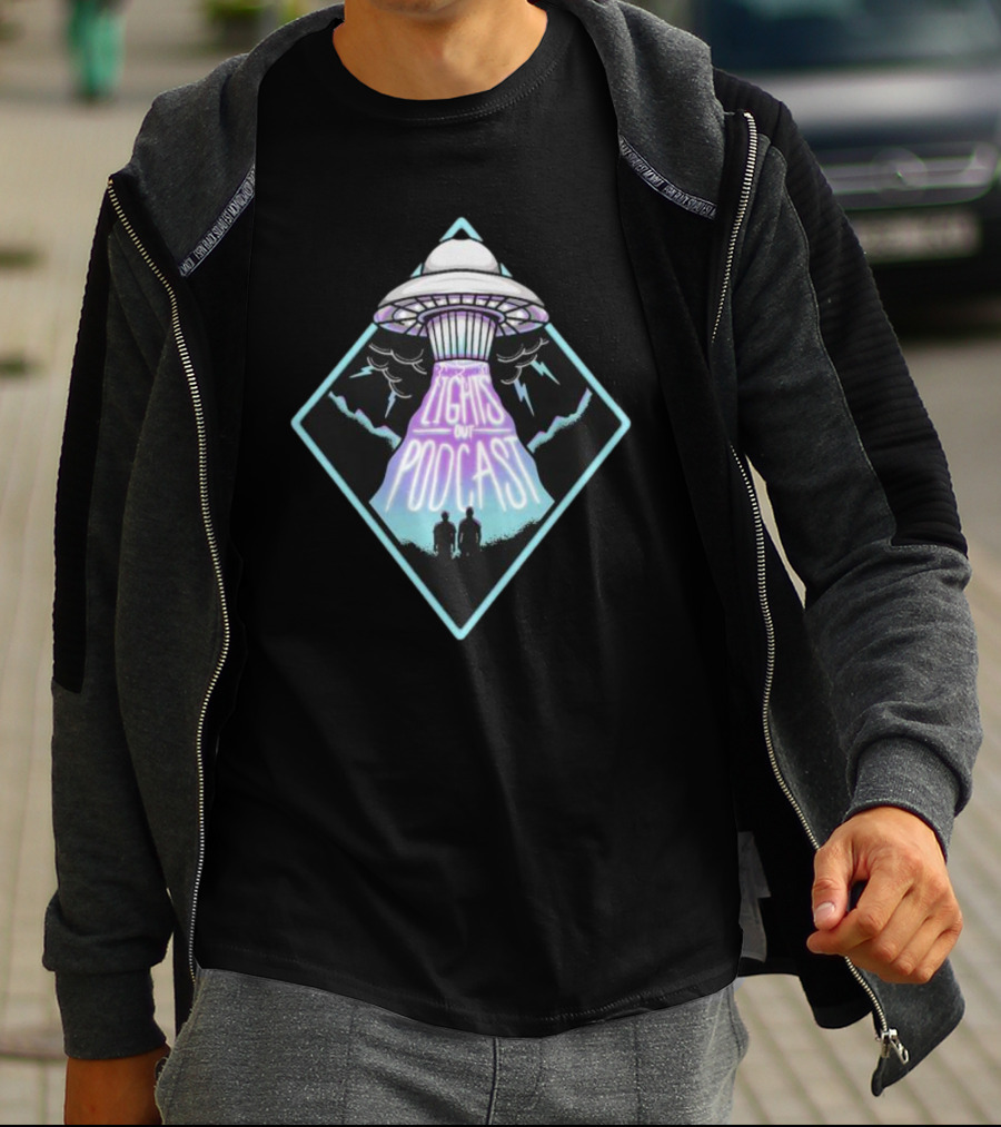 Lights Out Podcast UFO Design With Silhouette And Lightning T-Shirt