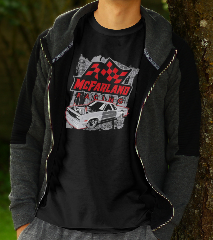McFarland Racing Cleetus Mullet Turbocharged Car And Checkered Flag T-Shirt