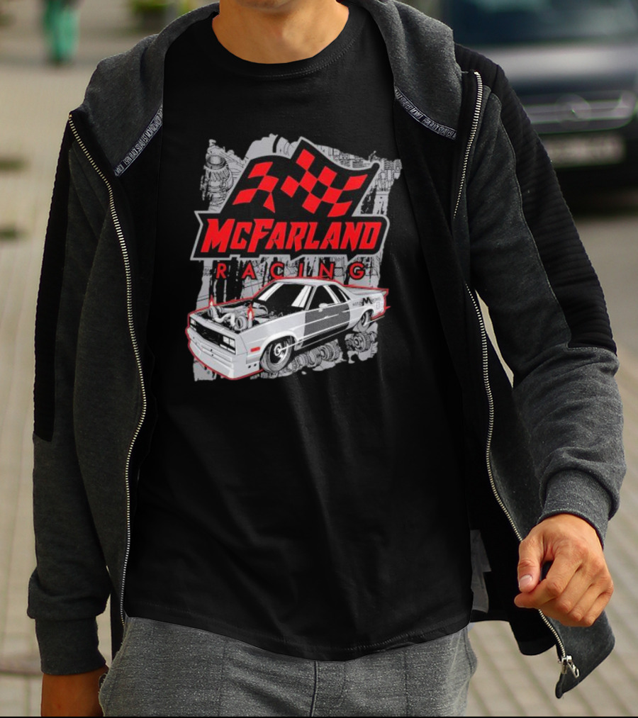 McFarland Racing Cleetus Mullet Turbocharged Car And Checkered Flag T-Shirt