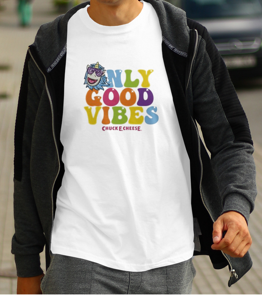 Unicorn Only Good Vibes Chuck E. Cheese Rainbow T-Shirt