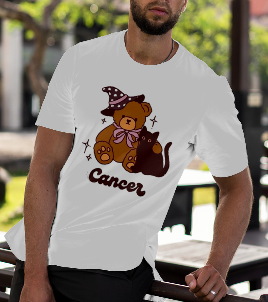Cancer Teddy Bear With Witch Hat And Black Cat T-Shirt