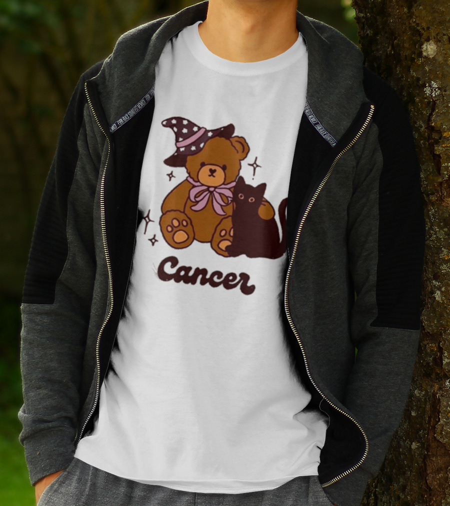 Cancer Teddy Bear With Witch Hat And Black Cat T-Shirt