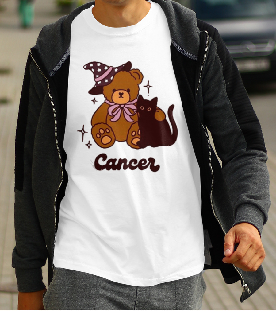 Cancer Teddy Bear With Witch Hat And Black Cat T-Shirt
