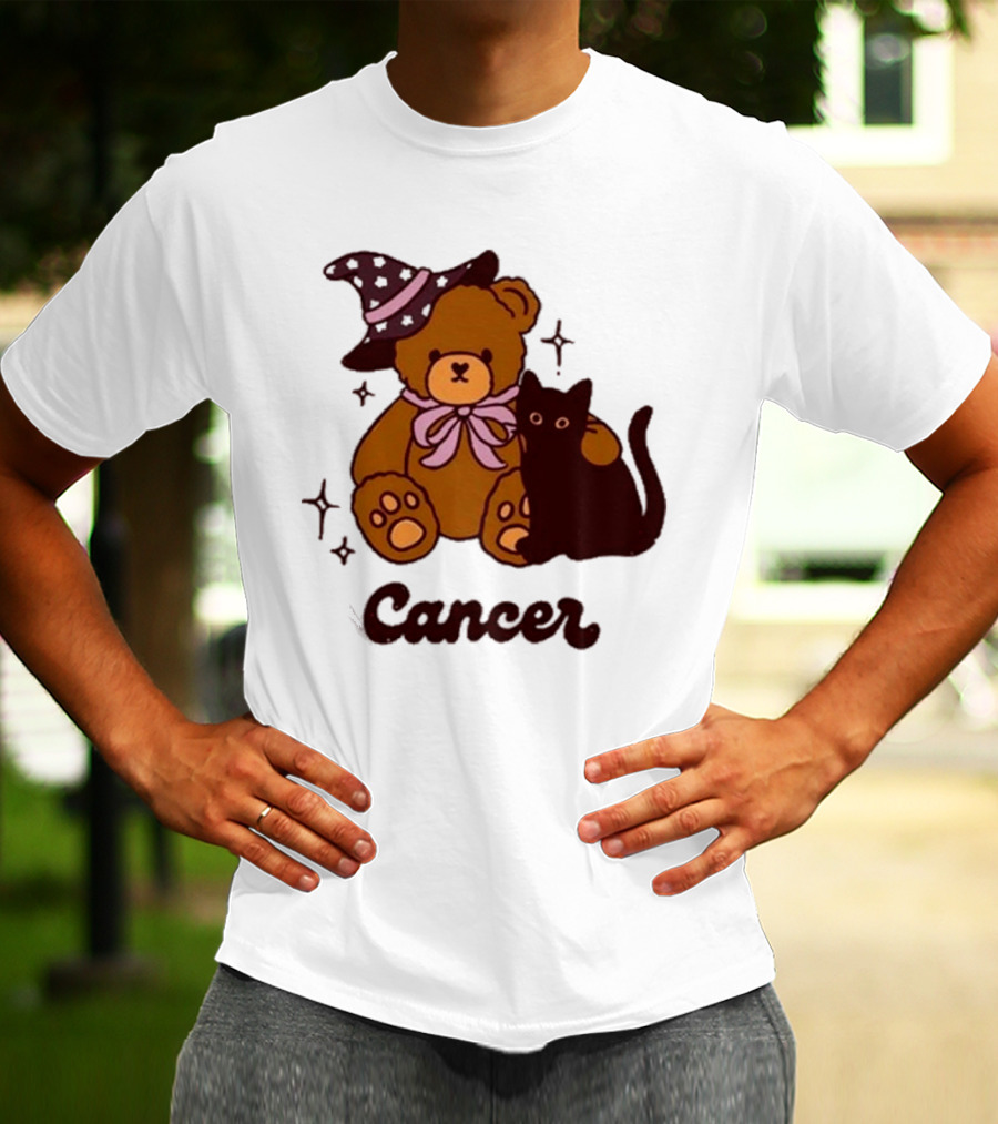 Cancer Teddy Bear With Witch Hat And Black Cat T-Shirt
