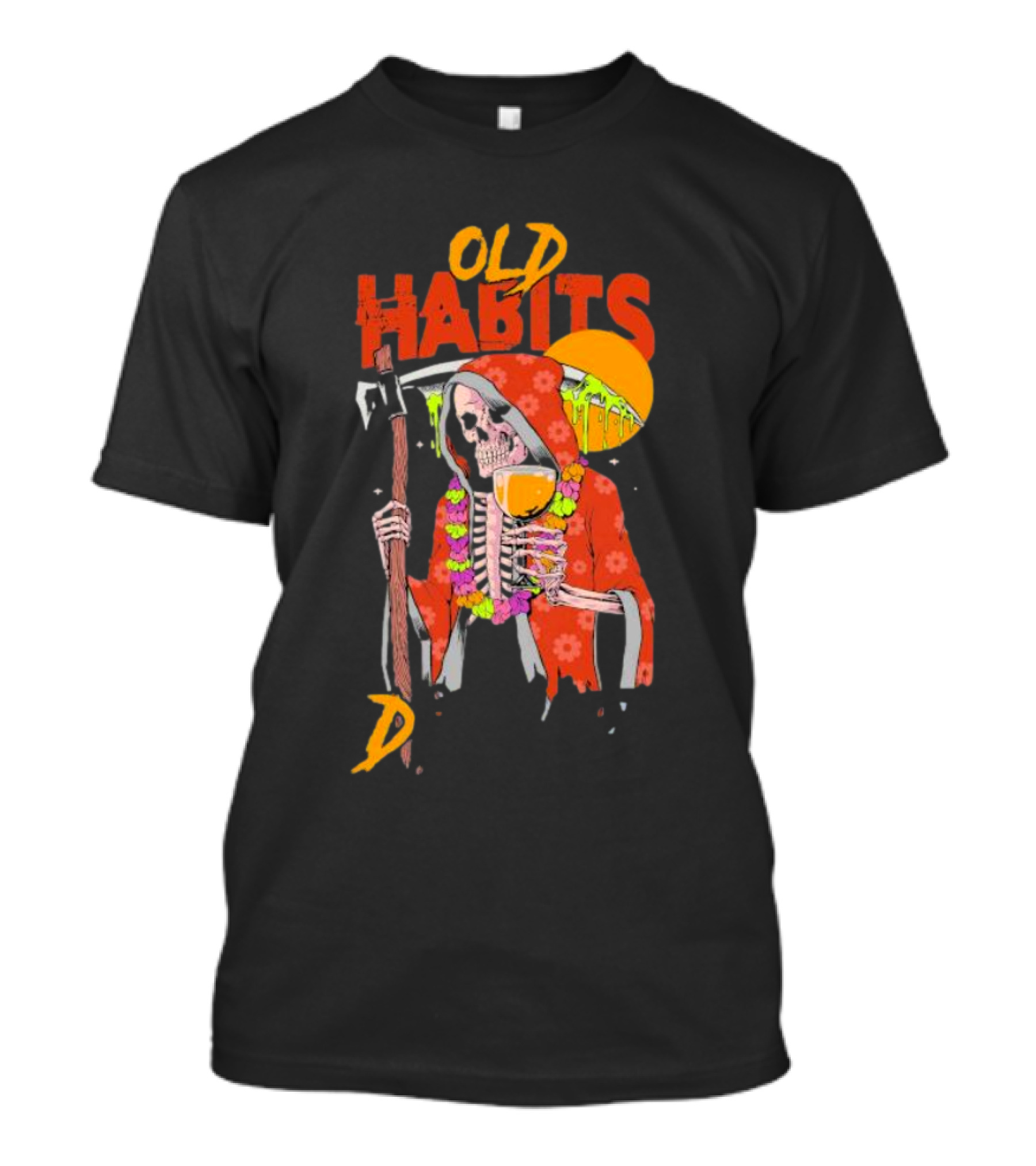 Old Habits Skeleton Grim Reaper Drink Sunset T-Shirt