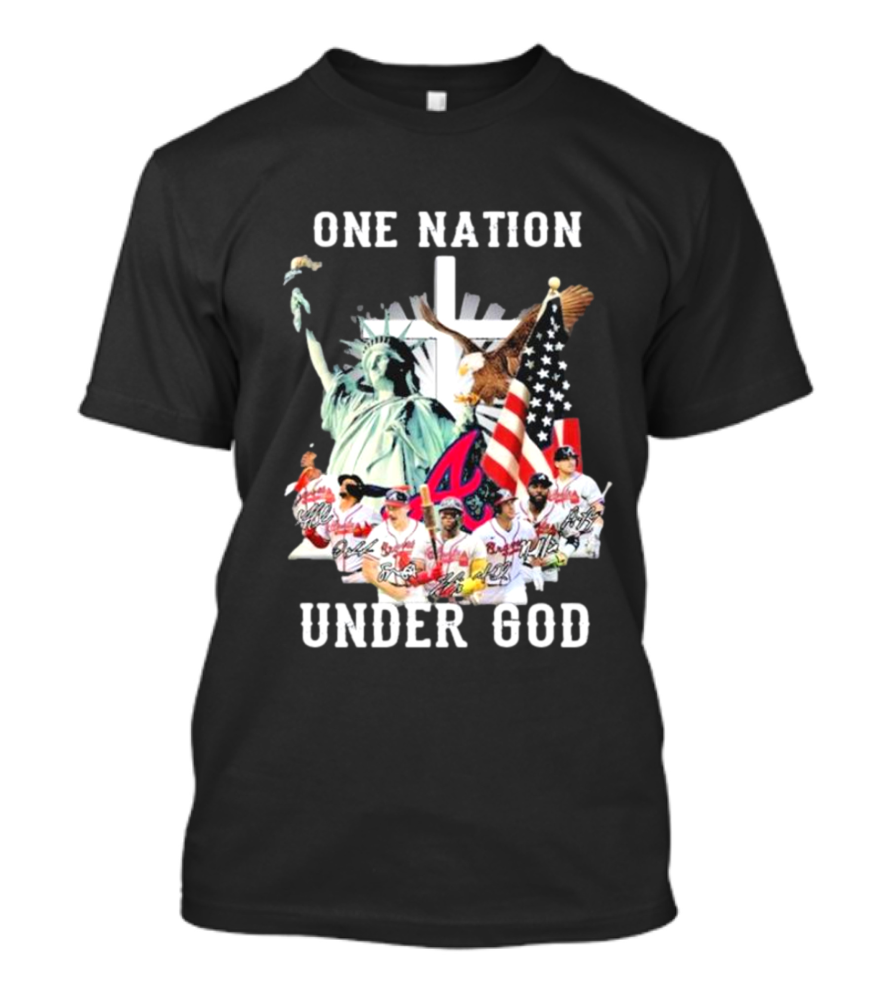 One Nation Under God Atlanta Braves American Flag Statue Of Liberty Players T-Shirt
