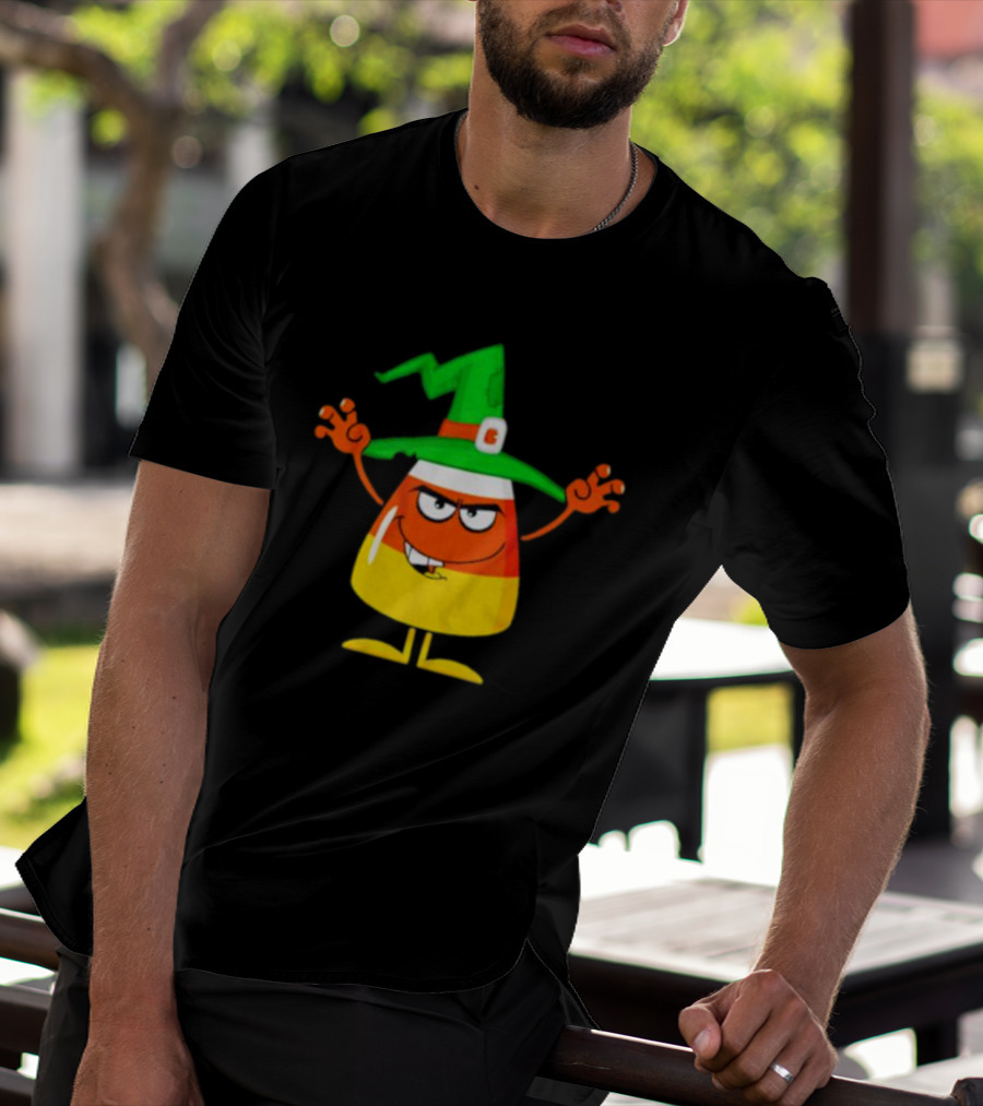 Candy Corn Witch Halloween Character With Green Hat T-Shirt