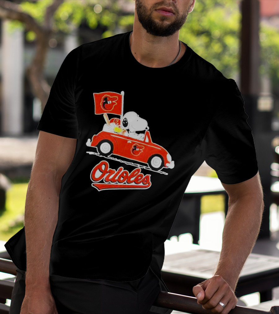 Snoopy Driving Red Car With Baltimore Orioles Flag And Orioles Text T-Shirt