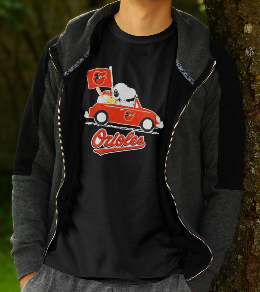 Snoopy Driving Red Car With Baltimore Orioles Flag And Orioles Text T-Shirt