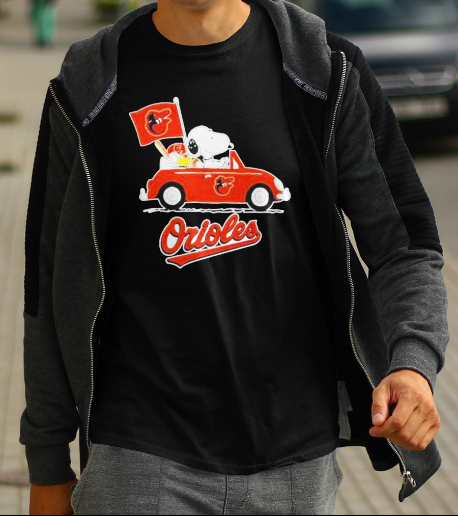 Snoopy Driving Red Car With Baltimore Orioles Flag And Orioles Text T-Shirt
