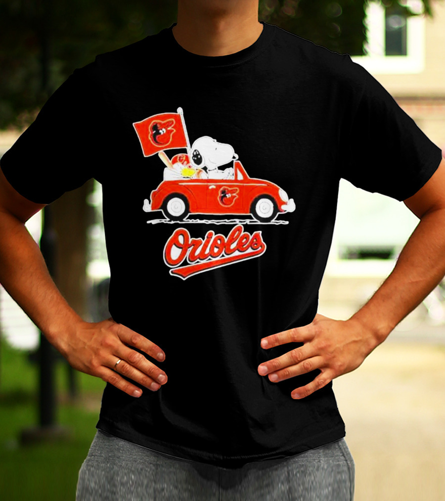 Snoopy Driving Red Car With Baltimore Orioles Flag And Orioles Text T-Shirt