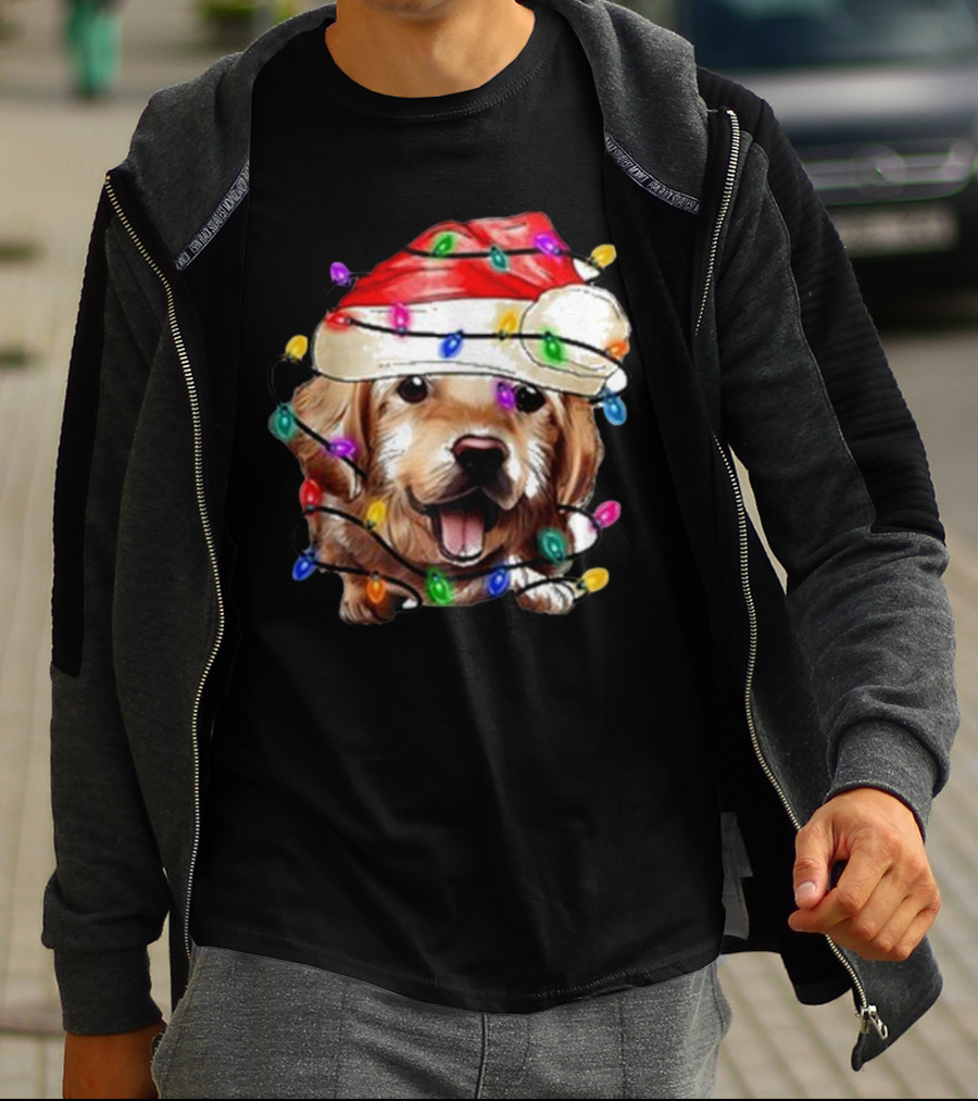 Christmas Lights Dog Lover Santa Hat Raglan T-Shirt