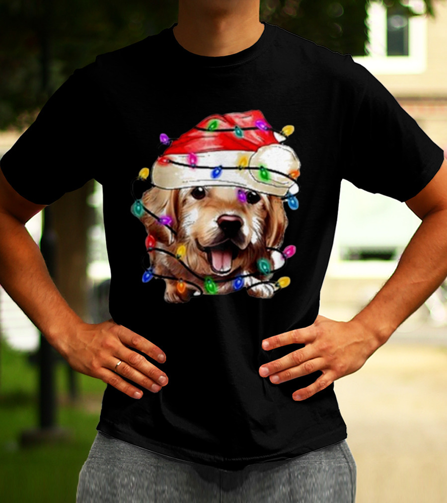 Christmas Lights Dog Lover Santa Hat Raglan T-Shirt