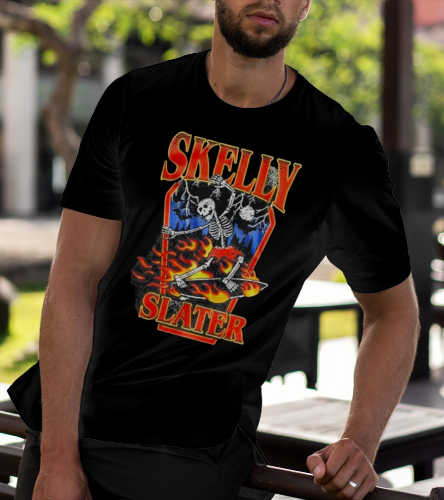 Skelly Slater Skeleton Skateboarding With Flames And Coffin Background T-Shirt