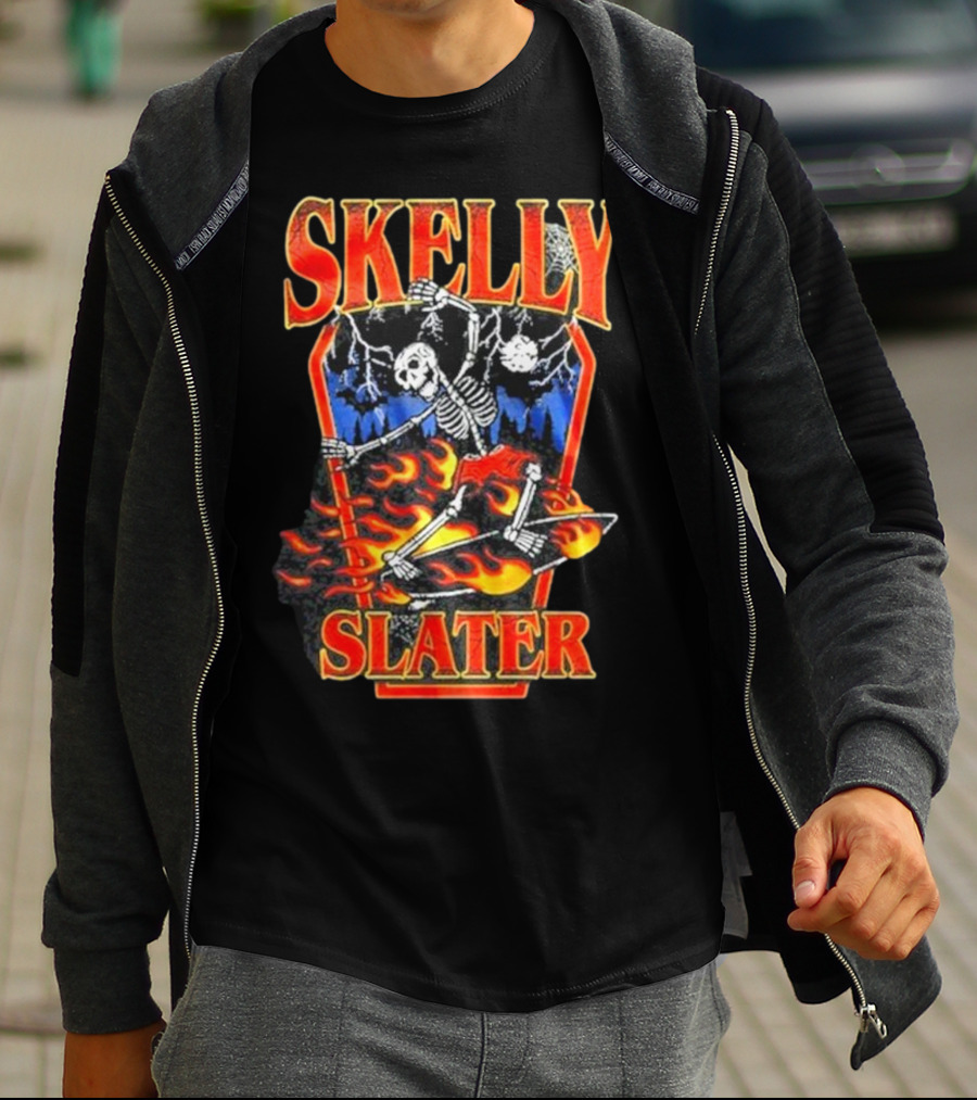 Skelly Slater Skeleton Skateboarding With Flames And Coffin Background T-Shirt