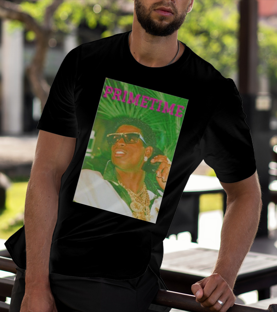 PRIMETIME Deion Sanders Sunglasses Gold Chains Retro Vibe T-Shirt