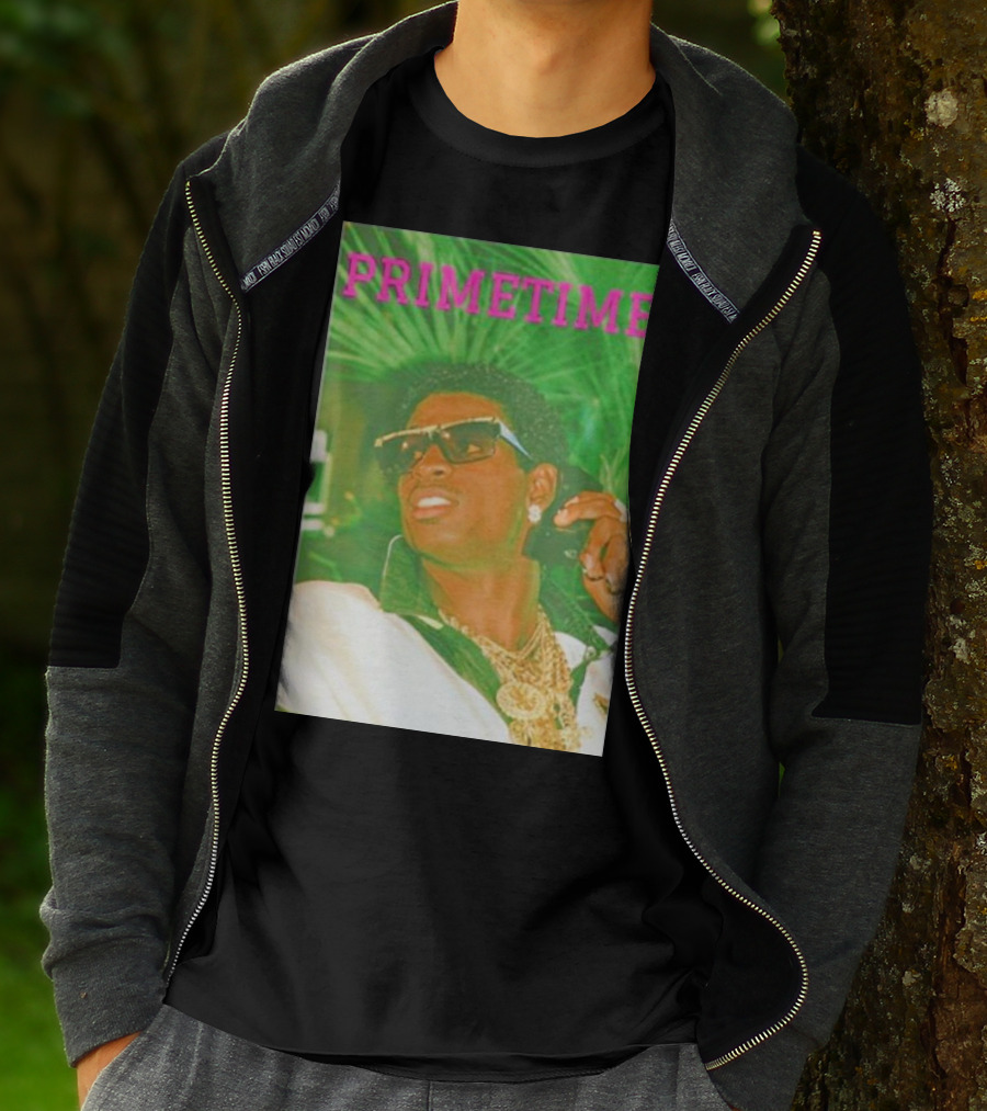 PRIMETIME Deion Sanders Sunglasses Gold Chains Retro Vibe T-Shirt