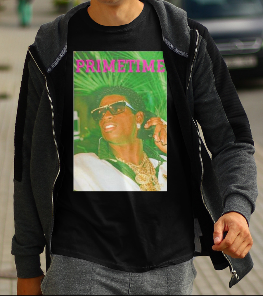 PRIMETIME Deion Sanders Sunglasses Gold Chains Retro Vibe T-Shirt
